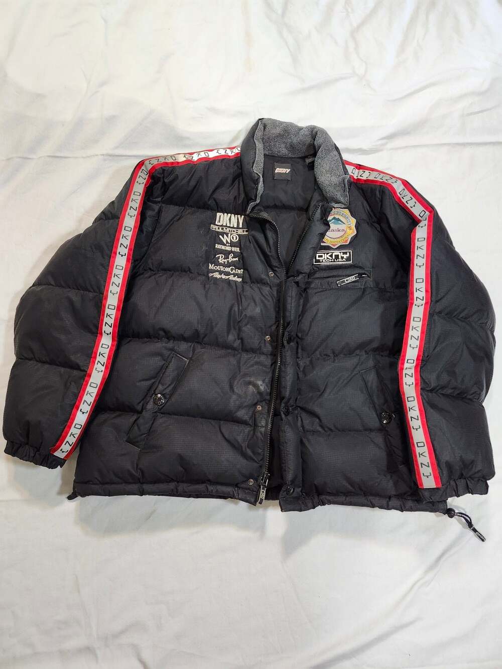 Vintage DKNY Tech USA Black Puffer Down Jacket With Red Stripe Sleeves